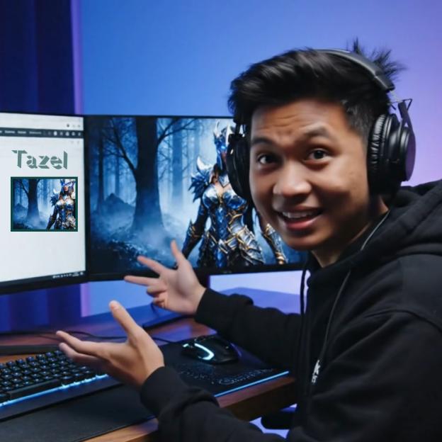 Image of a guy with headphones on holding his hands out to some Erotic AI art he created for Tazel.com